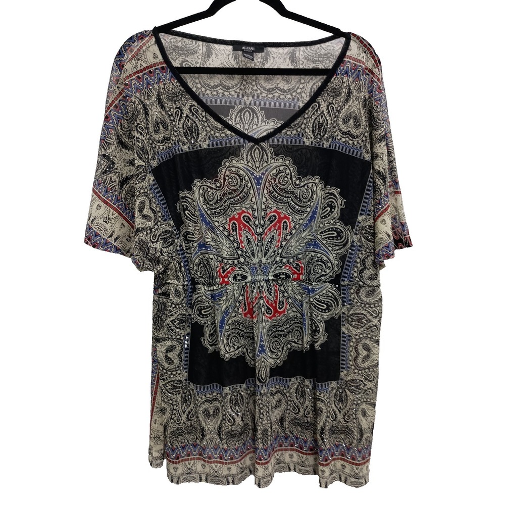 VTG Y2K Alfani Womens Babydoll Tunic Top 1X Sheer Floral Rhinestone BOHO Fairy
